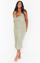 Verona Cowl Dress ~ Moss Green Luxe Satin