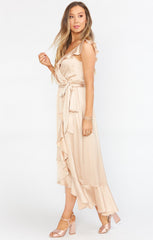 Samantha Ruffle Wrap Dress ~ Champagne Luxe Satin