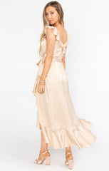 Samantha Ruffle Wrap Dress ~ Champagne Luxe Satin